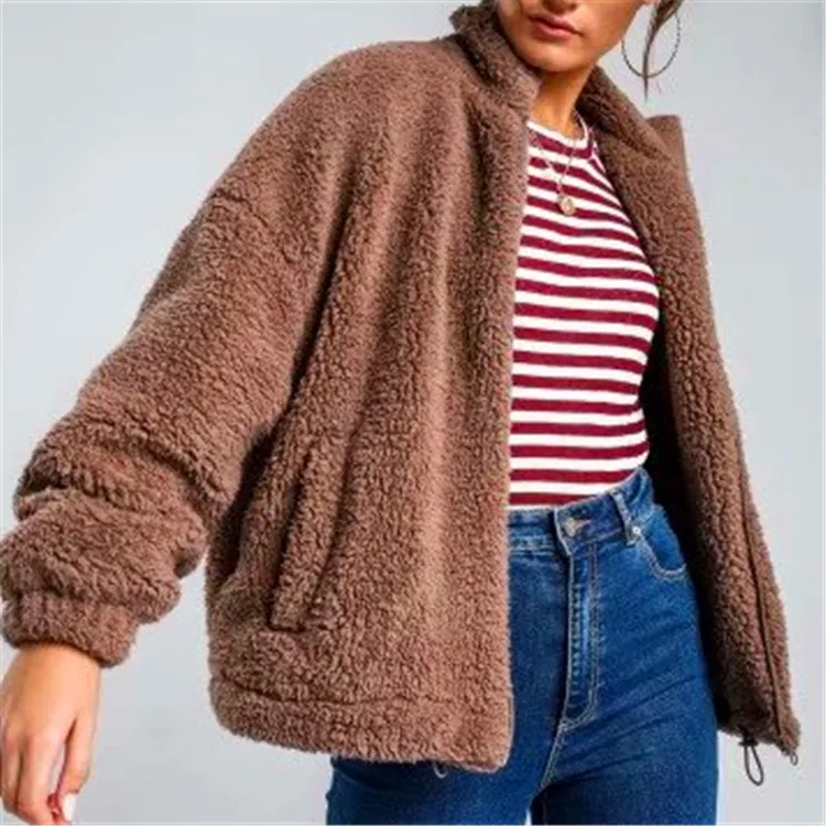 Autumn And Winter New Style Lambs Wool Coat Women's Western Style Fold-down Collar Loose-Fit Zipper Cotton Coat Keep Warm C