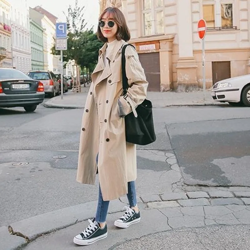 

South Korea Khaki Versatile Fold-down Collar Double Breasted Waist Hugging Lace-up over-the-Knee Mid-length Trench Coat Women's