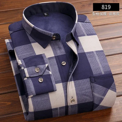 Теплая мужская Повседневная рубашка с добавлением шерсти, приталенная Мужская Повседневная рубашка на пуговицах с длинным рукавом, официальная мужская одежда 4XL - Цвет: 819