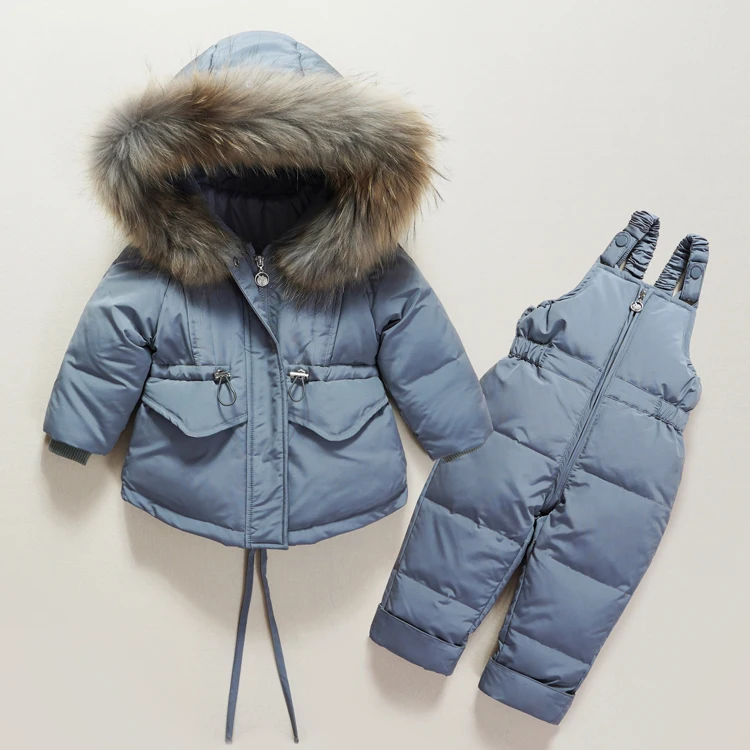 Зимний комплект одежды для детей, одежда для маленьких мальчиков и девочек, теплый пуховик, пальто, зимний комбинезон, детская парка, комбинезон с натуральным мехом, пальто - Цвет: Серый