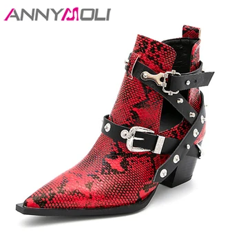 

ANNYMOLI Women Ankle Boots Shoes Snake Print Buckle High Heel Short Boots Rivet Pointed Toe Block Heels Ladies Boots Red Size 45