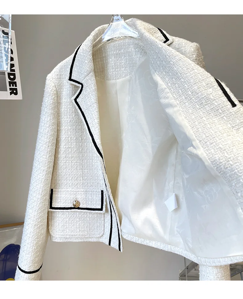 White Short Tweed Jacket with Black Trim Women Suit Collar Single