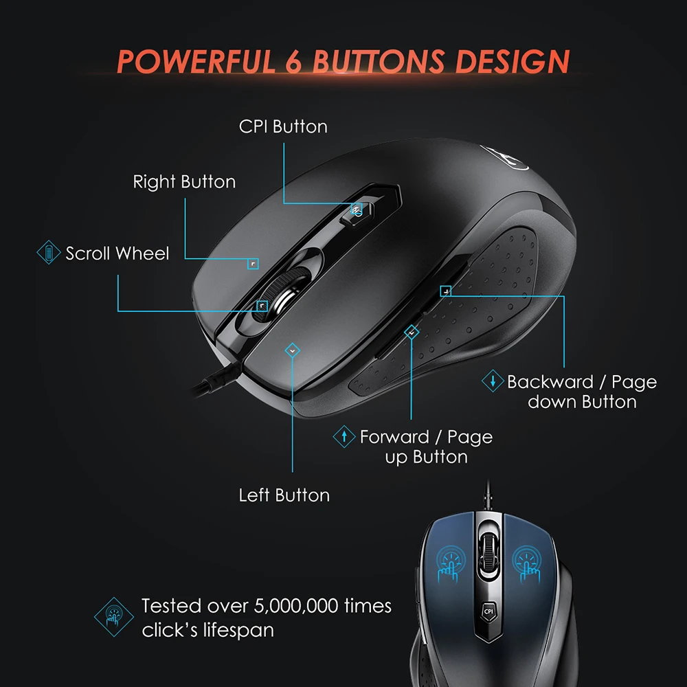 VicTsing PC124 Wired Mouse Ergonomic USB Optical Mouse 6 Buttons Mice Adjustable 3200 DPI Computer Mouse For PC Laptop Notebook (3)