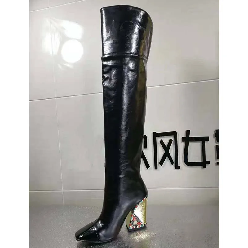 Black Long Boots Г. Высокие сапоги до бедра золотого цвета женские сапоги на высоком каблуке с острым носком, стразы смешанного цвета, Украшенные бусинами женская обувь для подиума женские сапоги В рыцарском стиле - Цвет: Black Long Boots