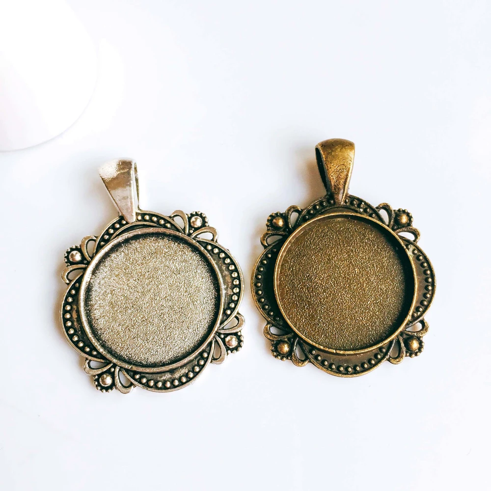 5pcs/lot 20mm Necklace Pendant Setting Antique Bronze Silver Glass Cabochon Blank Base Supplies for Jewelry Finding T100