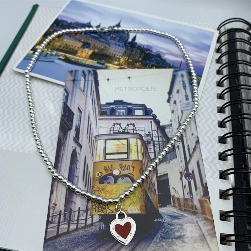 

SHINETUNG S925 Sterling Silver Necklace, Red Heart-Shaped Beaded(4mm), High Quality 1:1 With Logo, Women Birthday Gift Jewelry
