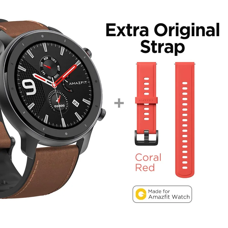 In Stock New Amazfit GTR 47mm Smart Watch 24Days Battery 5ATM Waterproof Smartwatch Music Control Global Version - Цвет: A-Extra Red Strap