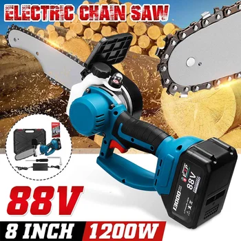 Cheap 1200W 8 Inch Cordless Electric Chain Saw With 88V Lithium Battery Charger Portable Rechargeable Mini Woodworking Logging Saw