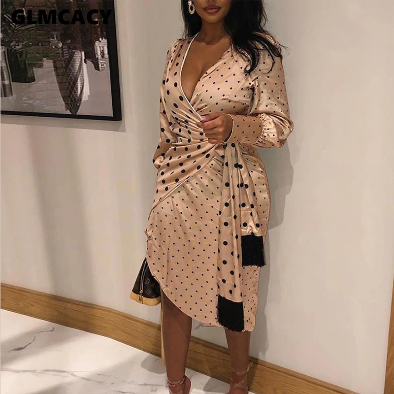 

Women Sexy Polka Dot Spliced Wrap Dress V Neck Long Sleeve Asymmetric Dress High Waist OL Work Dress