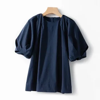 

Women Cotton O-neck Blouse Top Loose Spring Summer Zipper Puff Sleeve Simple Female Shirt And Top