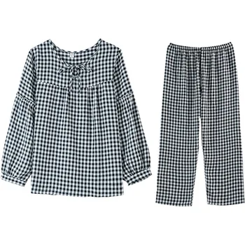 

Spring and Autumn New Women's pajamas Plaid long sleeve pants round neck cotton home wear pajamas for women cottonDINGXIANGYU