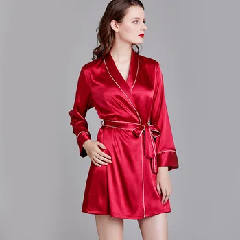 

Women Red Nightdress Satin Sleepwear Kimono Robe Gown Sexy Intimate Lingerie Silky Nightwear Home Clothes Casual Nightgown