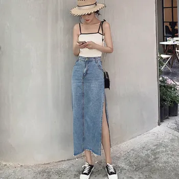 

Split Long Denim Skirts Women Button Pockets Jeans Skirts Summer Korean Vintage Sexy Midi Wrap Skirt Casual 2020 Plus Size