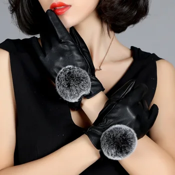 

Winter PU Leather Rabbit Fur Balls Female Gloves Warm Women Mitten