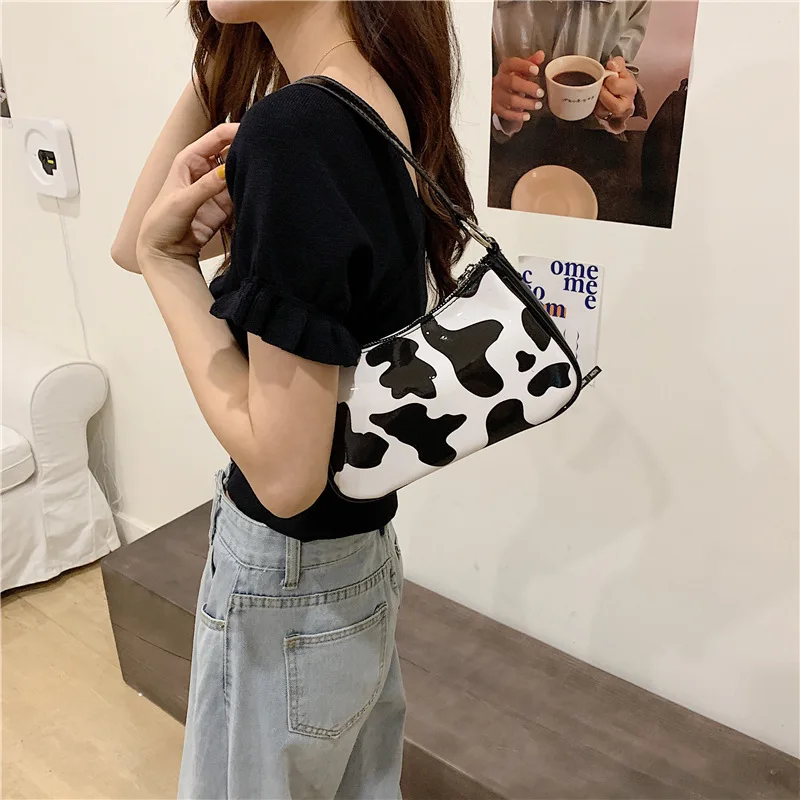 

Fashion Underarm HandBag Cute Mini PU Cow Pattern Spots Retro Personality Zipper Baguette Bags Single Shoulder Bag For Women Sac