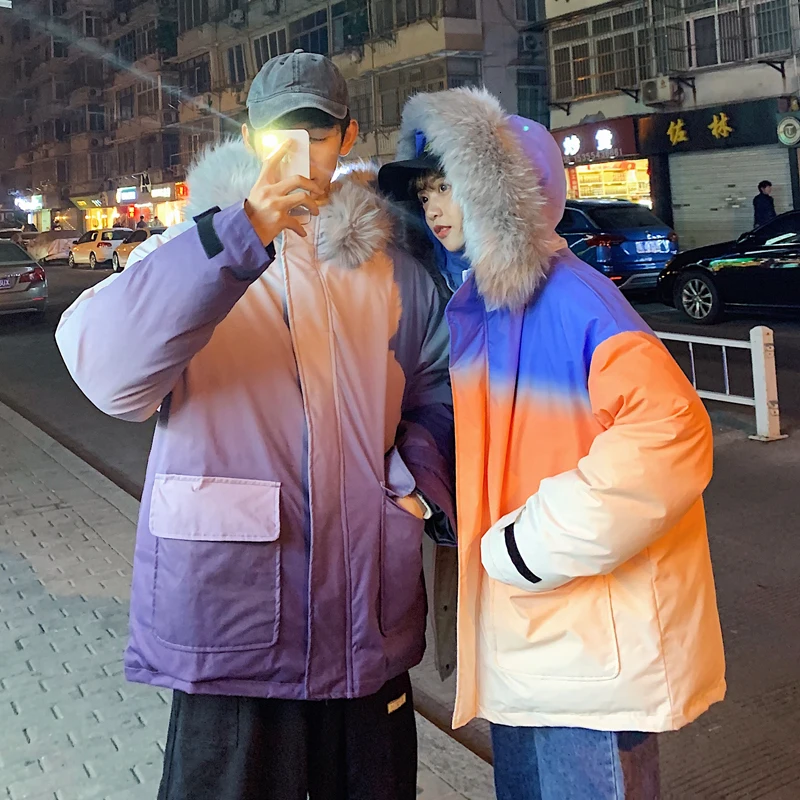 

Winter Short Coat Men Warm Thick Fashion Parka Men Contrast Color Fur Collar Hooded Coat Man Streetwear Casual Couple Jacket