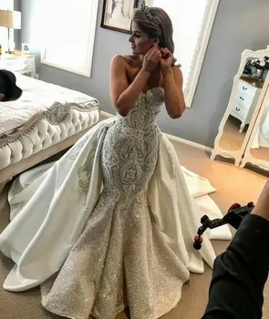 شراءخمر حورية البحر طويل الدانتيل مطرز فساتين الزفاف Ruched الدانتيل حتى الظهر سويب قطار زي العرائس للنساء