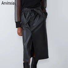 Arvinxia ZA, модные однотонные женские юбки из искусственной кожи с галстуком-бабочкой, Новая эластичная юбка средней длины с разрезом, сексуальная юбка с высокой талией и пуговицами, Faldas Mujer