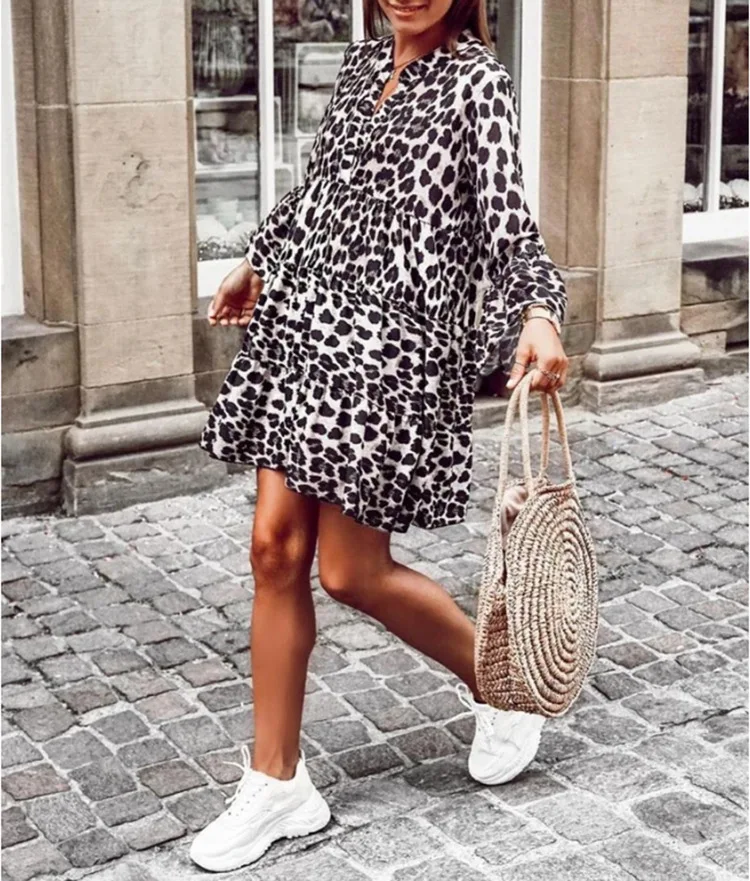 Big Size Ladies Dress Leopard Print High Waist V-neck Bell Sleeve Summer Beach Short Dresses Vestido Con Estampado De Para Mujer