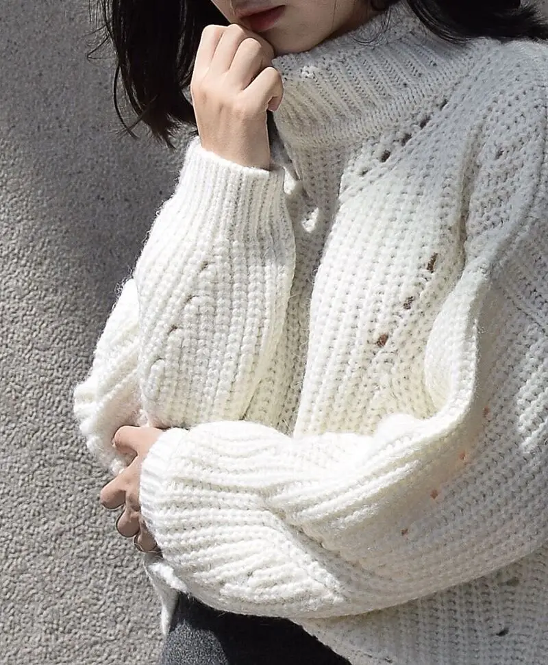 Свободный вязаный свитер из шерсти Альпака с рукавами-фонариками
