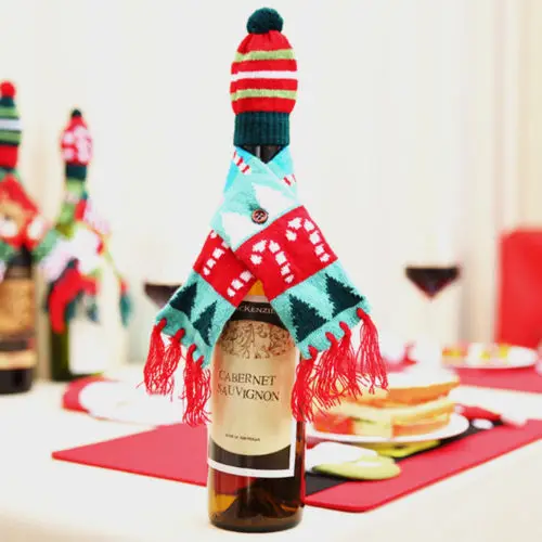 Novelty Christmas Scarf+Hat Wine Bottle Cover 2Pcs/set Party Dining Table Decoration Xmas Wrap Scarf Decor | Дом и сад