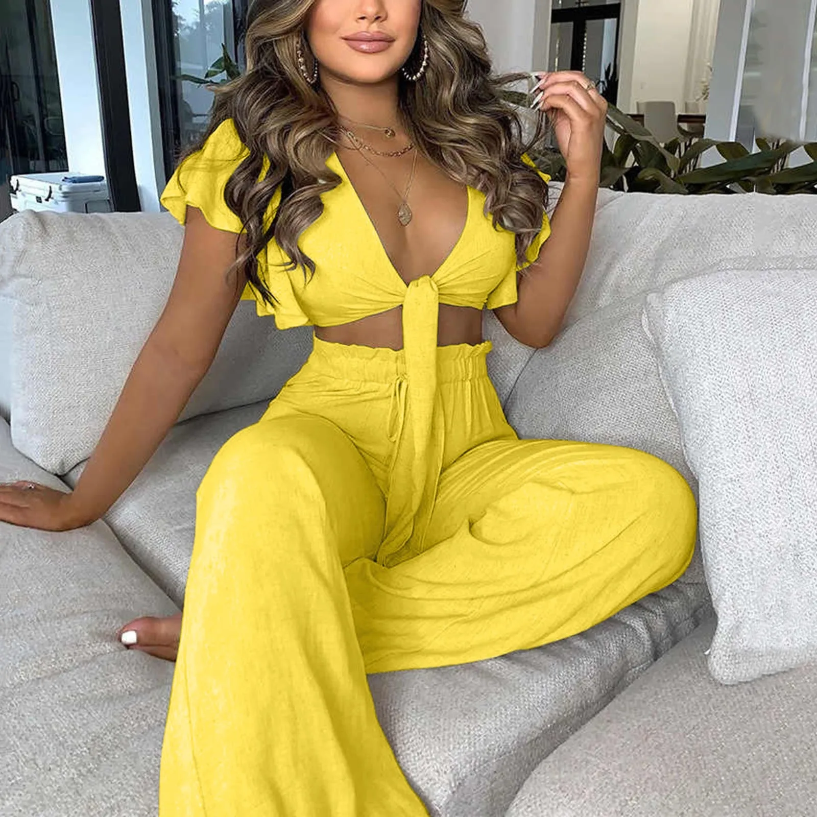 Temperament Women's Summer Suit 2021 V-neck Long Sleeve Slim Solid Tops+wide Leg Pants Goddess Two-piece Set Plus Size#G30 2