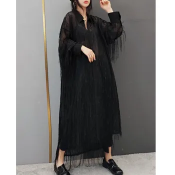 

iMucci 2020 Spring New Square Collar Tassel Solid Long Sleeve Shirts Dress Cotton Loose Dress Fashion Office Lady Style TM1670
