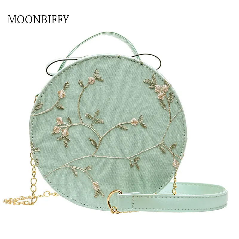 Womens Fashion Lace Fresh Handbag Crossbody Bag Solid Color embroidered Small Round Bag