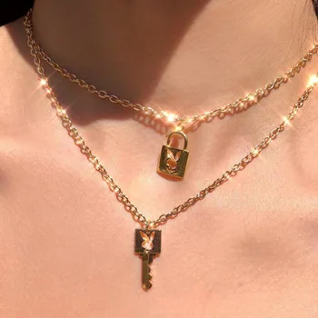 

New Ins Hot Stainless Steel Gold Lock Key Choker Necklace Women Pendant Necklaces Gothic Girls Unisex Lovers Rabbit Collares