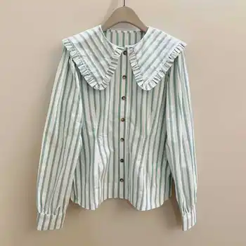 

Vintage Peter Pan Collar Cotton Shirt Poplin Stripe Long Sleeve Top Casual Female Clothes Women's Blouse