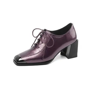 

Women genuine leather women Shoes Basic pumps Spring autumn metal square Toe lace up 2020 Classic Design Shoes Woman