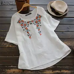 ZANZEA летние женские винтажные хлопковые льняные рубашки повседневные блузки с коротким рукавом и вышивкой цветочные шифоновые Блузы халат