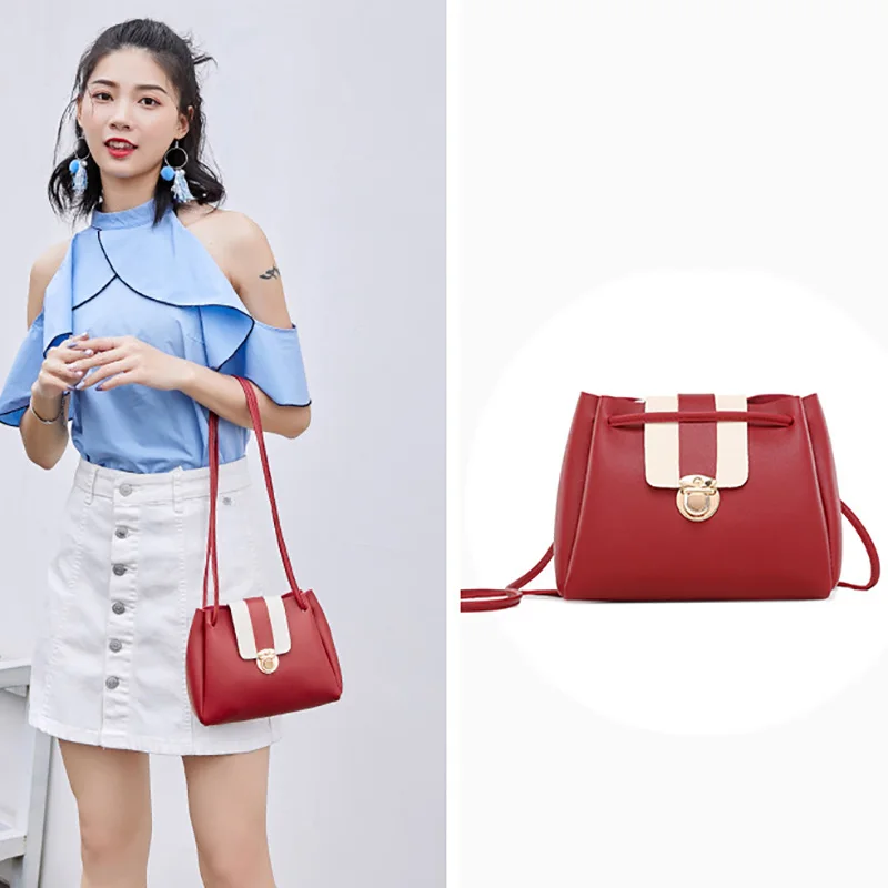 

Women Bag Stylish One-shoulder Diagonal Package PU Vintage Lock Brawstring Bucket Bags Mobile Phone Storage Bag