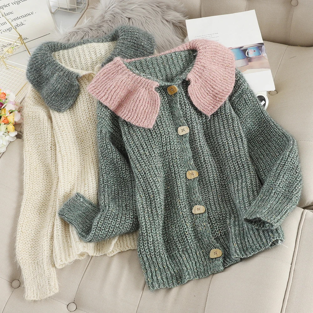 SINGRAIN Women Korean knitted cardigans Peter pan Collar cashmere Wool sweater tricot Knit Tops winter Thick Sweater |
