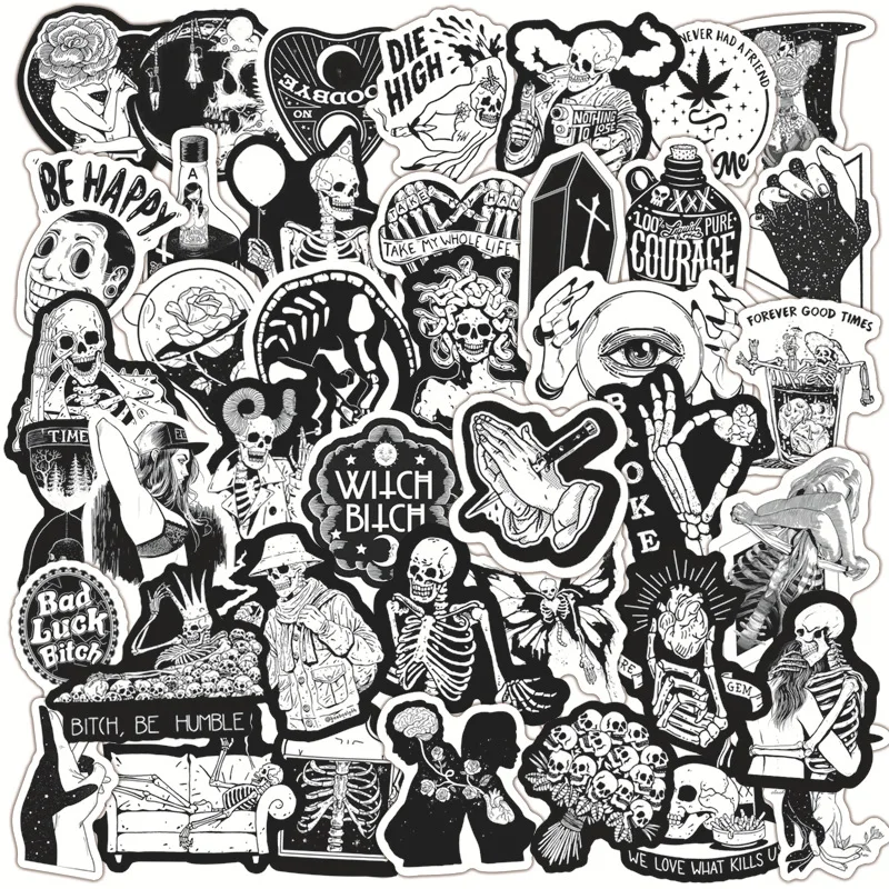 10/30/50PCS Cool Black and White Gothic Skull Stickers Aesthetic Laptop Bike Skateboard Waterproof Graffiti Sticker Pack Kid Toy