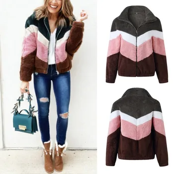 

Color Matching High Collar Woolen Coat Women With Zipper Windproof Warm Autumn And Winter New Personality Loose And Thin