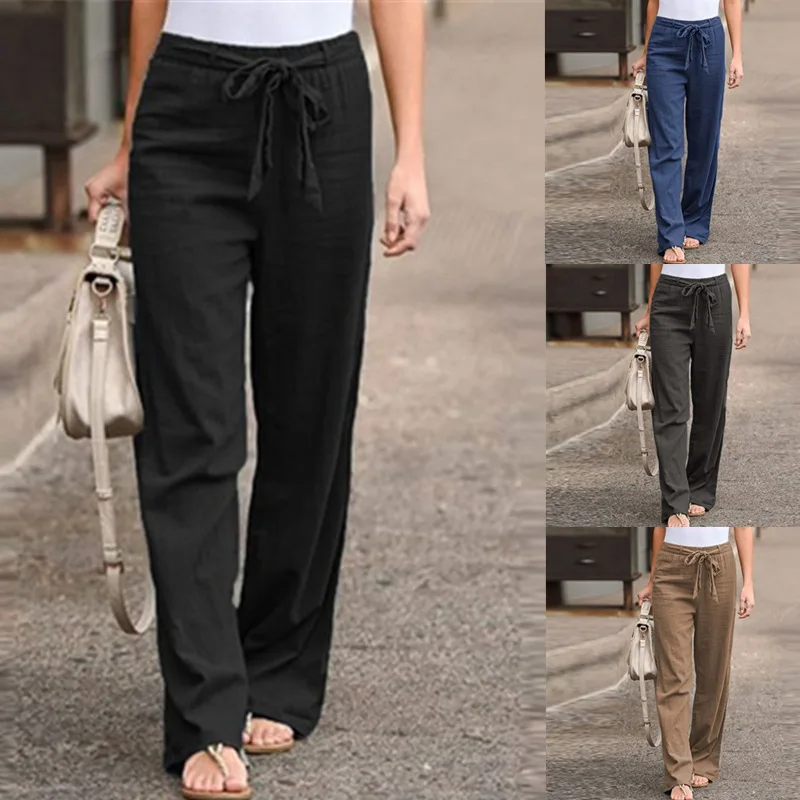 

Elastic Waist Solid Color Cotton Hemp Wide Leg Pants Loose Pants Women