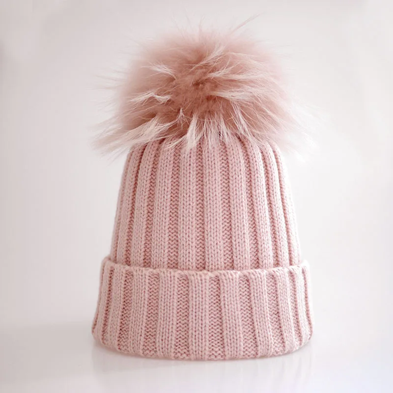 Пушистый мех помпон зимняя женская шапка Шерстяная Смесь черная шапочка мужская шапочка из спандекса - Цвет: powder pink