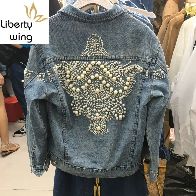 

Korean Autumn Long Sleeve Single Breasted Womens Loose Coats Fashion High Street Pearls Embroidery Casual Female Short Jackets