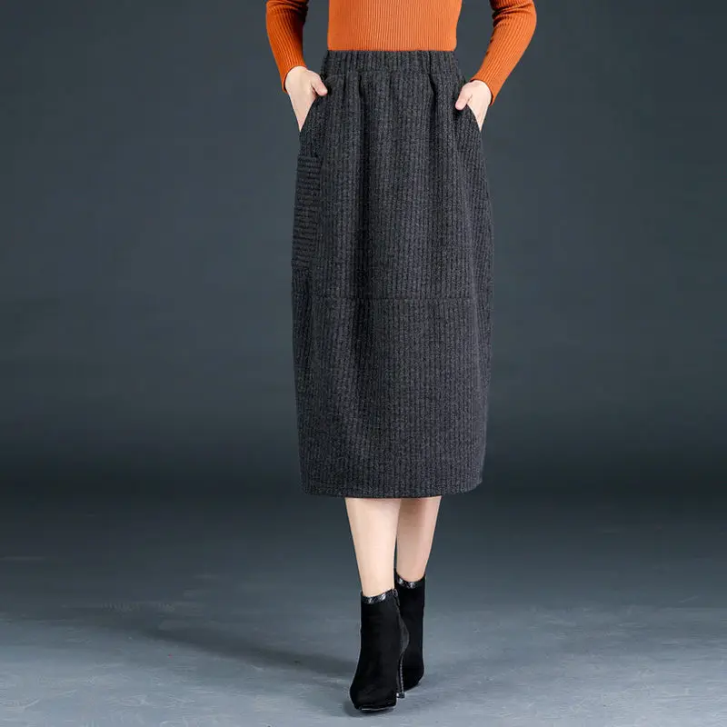 gray 4XL юбки женские осенние и зимние юбки новая вязанная свободная Шерстяная Юбка Повседневная посылка до бедра Длинная Юбка Femme Jupe f2489 - Цвет: gray