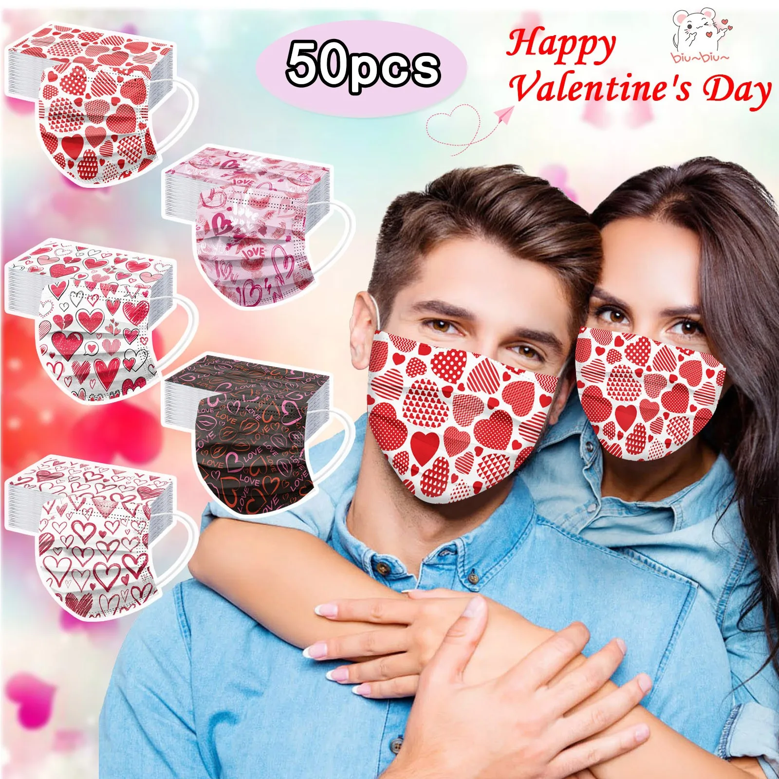 50PCS Valentine's Day Women Mouth Masks Disposable Mask Adult 3-Layer Cartoon Heart 3-layer Mascarillas Quirurgicas Homologadas 2