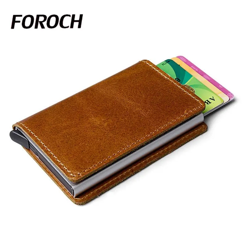 

Men antitheft metal card holder 583 RFID Wallet aluminium credit card holder crazy horse Genuine Leathe travel card case wallet