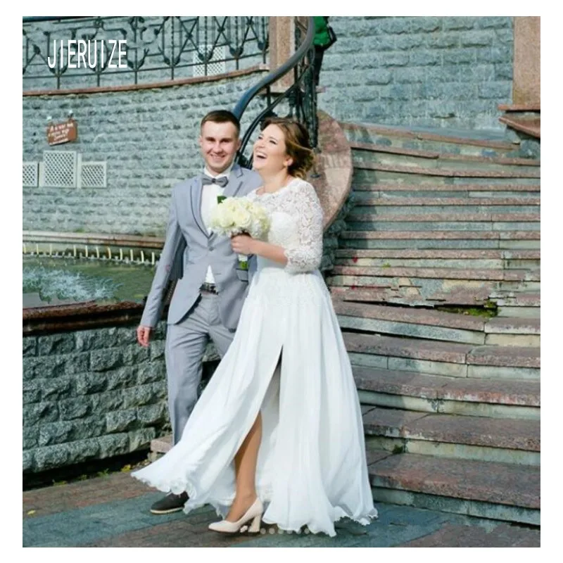 JIERUIZE Vestido De Noiva Свадебные платья с высоким разрезом рукавами 3/4 кружевные