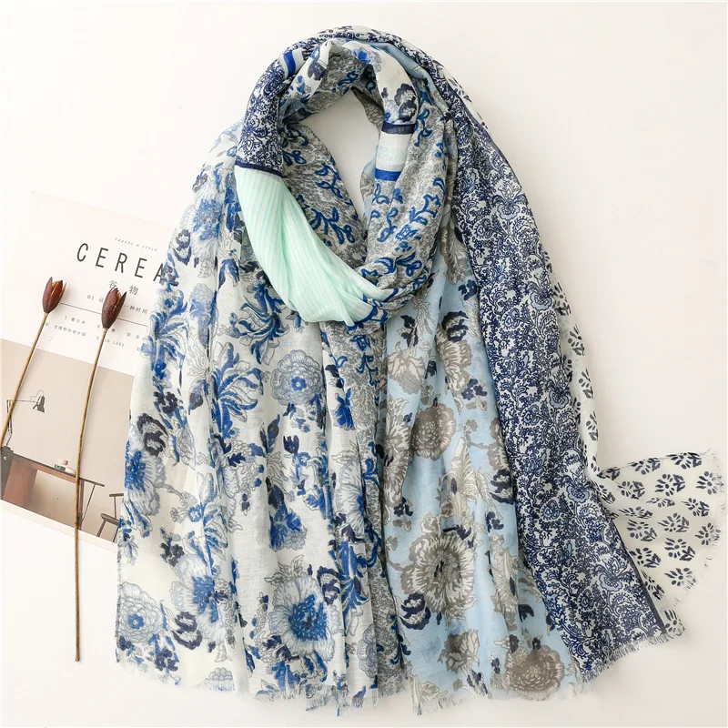 Luxury Brand Winter Scarf,Blue Indian Floral Women,Soft Pashminas,Shawls and Scarves Muslim Hijab,High Quality Print Pashminas