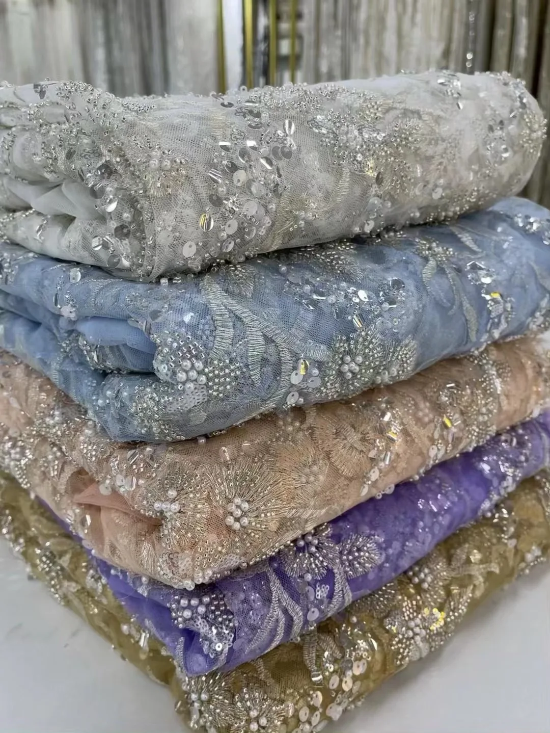 

(5yards/pc) High grade African wedding tulle lace fabric with amazing tube beads sequins embroidery new French net lace FXZ084