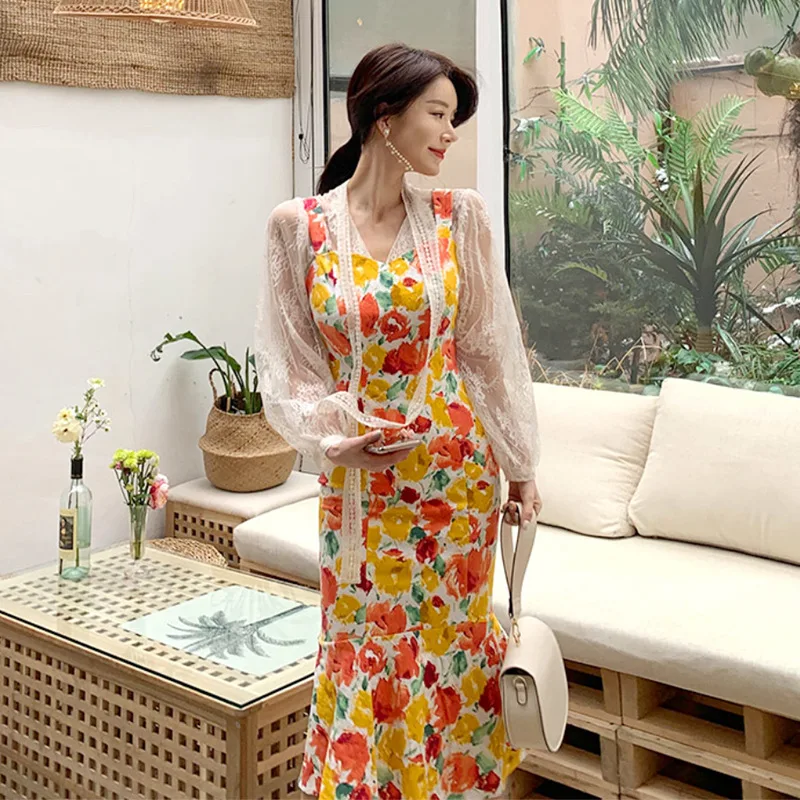 

Two-Piece 2019 Spring New Style WOMEN'S Suit Lace Upper Garment Collocation Printed Suspender Strap Fishtail Skirt Dress