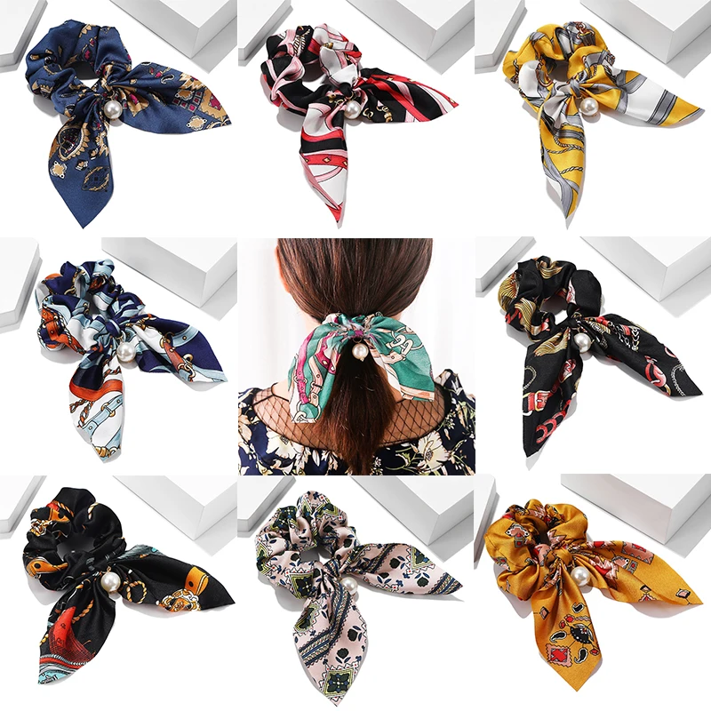 

Fashion Pearl Scrunchies Chiffon Bowknot Elastic Hair Bands For Women Girls Headband Hair Ties Ponytail Holder Hair Accessories
