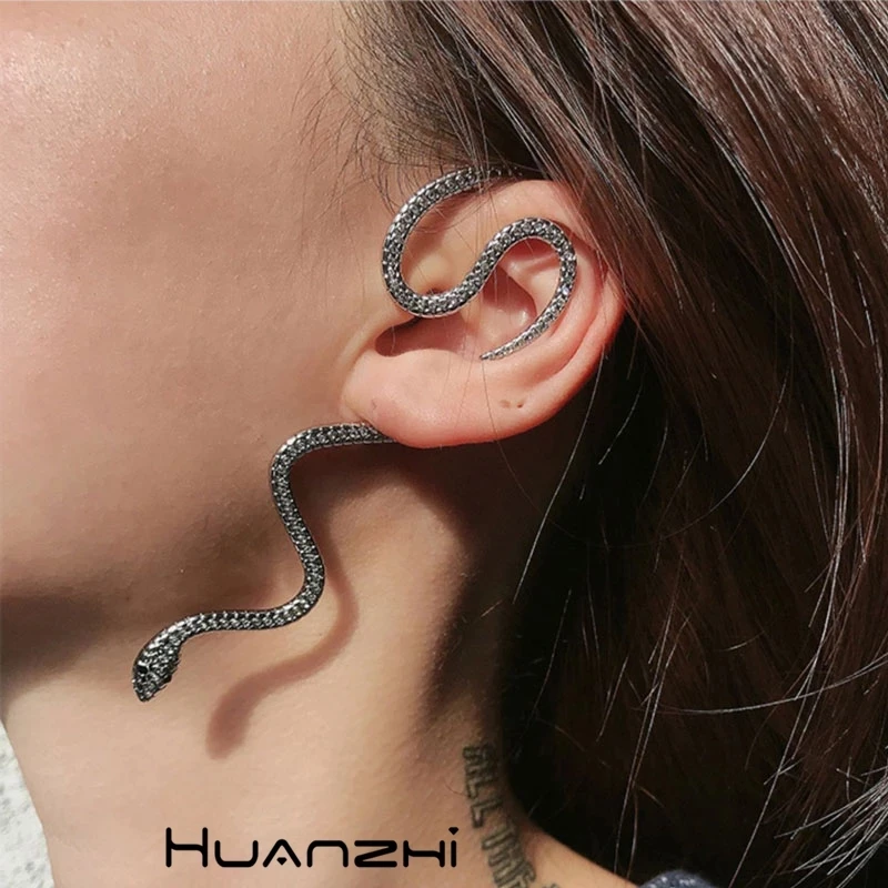 HUANZHI New Fashion Punk Snake Shape Hip Hop Crystal Gold Silver Color Metal Plated Stud Cuff Earrings For Women Girls Jewelry | Украшения