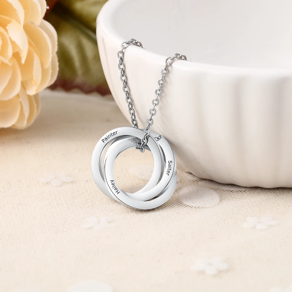 Personalized Family Necklace With 3-4 Names Stainless Steel Custom Engraved Russian Ring Necklace for Women Mother Grandmother