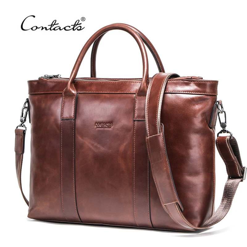 Best  CONTACT'S Business Men Bags Genuine Leather Briefcase Male Laptop Bag Quality Brand Shoulder Messen